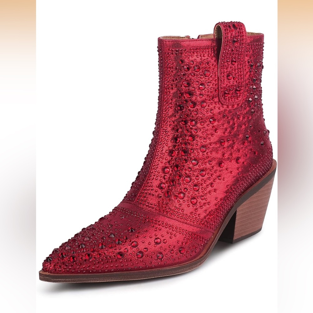 Isnom Red Rhinestone Sparkly Cowboy Boots